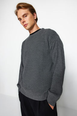 Antrasit Oversize Fit Genis Kal?p Bisiklet Yaka Basic Triko Kazak TMNAW23KZ00189