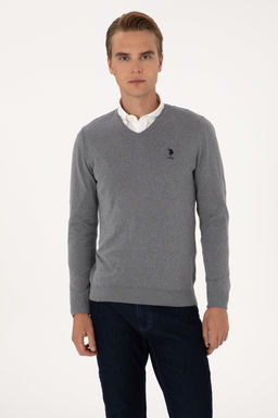 Erkek Slim Fit V Yaka Gri Melanj Basic Kazak - U.s. polo assn фото 10