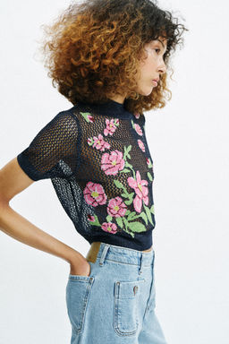TOP PUNTO FLORES BORDADAS / Azul - Zara фото 4