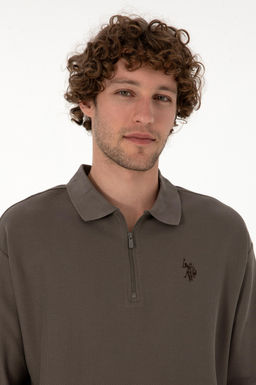 Erkek Comfort Fit Yar_m Fermuarl_ Vizon Sweatshirt