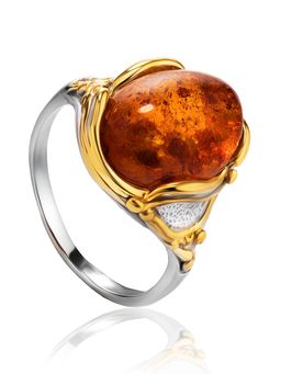 Кольцо из серебра с позолотой, украшенное янтарём коньячного цвета Вирсавия