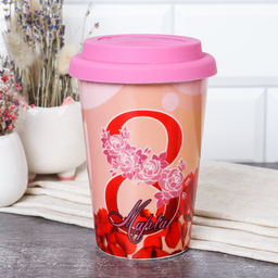 Стакан 440 мл керамика с силиконовой крышкой 8 марта / A932 /уп 72/ Персиковый - Галеонтрейд фото 2