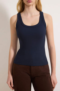 Lacivert Havuz Yaka Regular Boy Fitilli Esnek Vucuda Oturan Orme Atlet TWOSS24AL00060