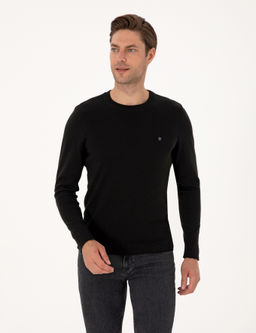 Siyah Slim Fit Bisiklet Yaka Basic Triko Kazak