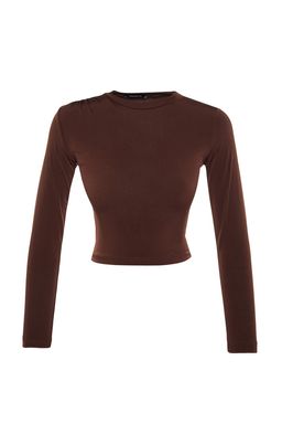 Kahverengi Dik Yaka Fitted/Vucuda Oturan Uzun Kol Buzgulu Esnek Orme Bluz TWOAW23EL01391