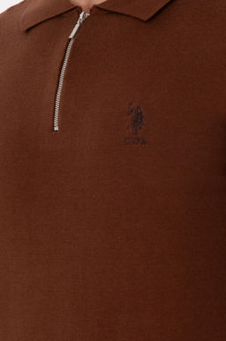 Erkek Slim Fit Yarm Fermuarl Kahverengi Basic Kazak - U.s. polo assn фото 7