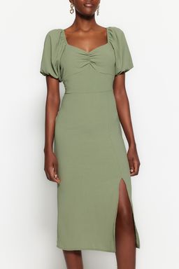 Haki Vucuda Oturan Y?rtmacl? S?rt Detayl? Midi Dokuma Dokuma Elbise TWOSS23EL01164 - Trendyolmilla фото 4