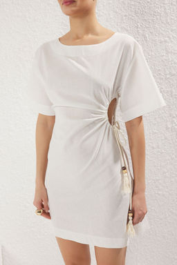 Ekru Dokuma Cut outl? Plaj Mini Elbise TBESS25EL00102