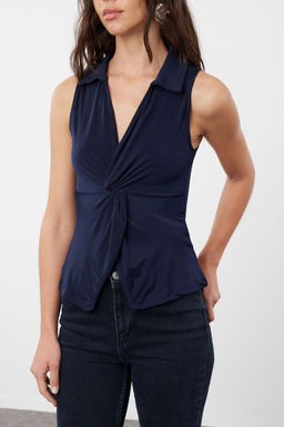 Trendyolmilla Bordo Fitted/Vucuda Oturan Polo Yaka Esnek Orme Bluz TWOSS24BZ00085 фото 19