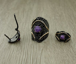 Комплект Чара-52, чароит, покрытие под бронзу, размеры кольца: 17, 18, 19, 20 - Agat77 фото 3