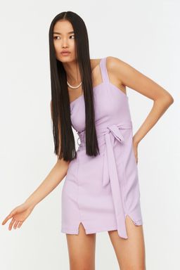 Lila Kusakl? Duz Kesim Y?rtmacl? Kare Yaka Mini Dokuma Elbise TWOSS20EL0977 - Trendyolmilla фото 2