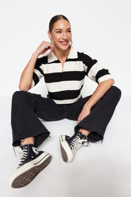 Siyah Crop Polo Yaka Basic Cizgili Ince Triko Bluz TWOSS23KZ00010