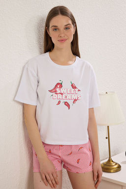 Trendyolmilla Beyaz %100 Pamuklu Cizgili Biber Desenli Sortlu Orme Pijama Tak?m? THMSS25PT00261 фото 10