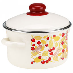 Птички и вишня Кастрюля эмалированная 2л, цилиндрическая форма, металлическая крышка, ободок из нержавеющей стали, бисквит (Россия) - Домашняя мода фото 3