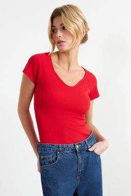 K?rm?z? Fitted/Vucuda Oturan Fitilli Pamuk Esnek Orme Bluz TWOSS21BZ0579
