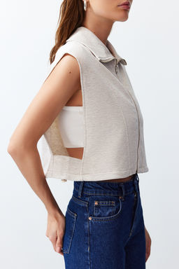 Bej Melanj Relaxed/Rahat Kal?p Fermuarl? Dik Yaka Ay Kol Kal?n Yelek TWOSS24YE00011