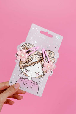 Набор заколок для волос клик-клак, глянцевые, арт. 71731 / 10 ЦВЕТОЧКИ (в наборе: 2шт., 5,8 см, черный металл, полиуретановая смола, цвет: розовый, подложка из мелованного картона + ПЭТ-пакет с европодвесом)