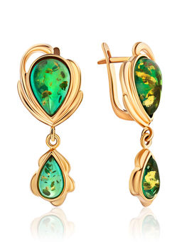 Оригинальные нарядные серьги из янтаря изумрудного оттенка Павлин