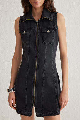 TRENDYOLMILLA Siyah Fermuar Detayl? Dik Yaka Mini Denim Elbise TWOSS25EL00148 фото 3