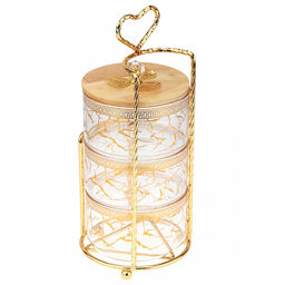 Блюдо-этажерка (конфетница, набор для холодца) стеклянное3-х секционное, 1 секция - 500мл д10,9см h6,3см, прозрачное стекло с деколью, одна бамбуковая крышка, ручка-кнопка "кристалл" с металлическим декором, металлическая подставка с ручкой, на ножка