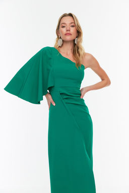 TRENDYOLMILLA Zumrut Yesili Pili Detayl? Dokuma Uzun S?k Abiye Elbise TPRSS20AE0049 фото 3