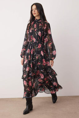 Siyah-Cok Renkli Cicekli Maxi Astarl? Sifon Dokuma Elbise TWOAW26EL00274 - Trendyolmilla фото 2