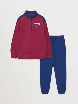 Dik Yaka Bask?l? Uzun Kollu Erkek ?ocuk Sweatshirt ve E?ofman Alt?