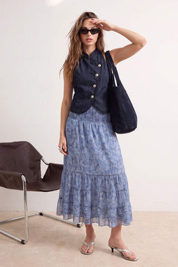 Mavi _al Desen Boho/Boho Chic Skater Gipeli Normal Bel Maxi T_l _rme Etek TWOSS26ET00141