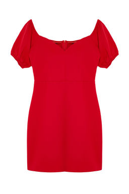 K?rm?z? A-Kesim Balon Kol Dokuma K?sa S?k Abiye Elbise TPRSS24EL00209