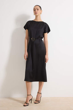 Siyah Baglama Detayl? Kemerli Midi Saten Dokuma Elbise TWOSS26EL00120