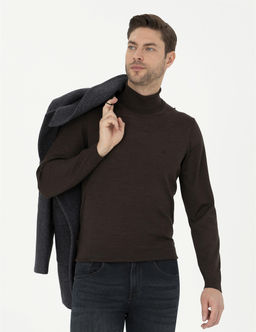 Kahverengi Slim Fit Bal_k__ Yaka Y_n Kar___ml_ Basic Triko Kazak