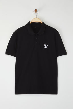 Siyah Regular/Normal Kesim Kartal Nak?s Detayl? Polo Yaka T-shirt TMNSS25PO00017