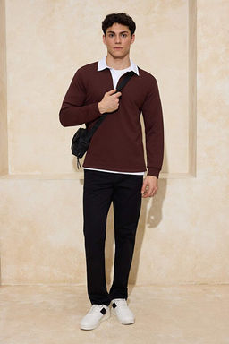 Kahverengi Yeni Oversize/Geni_ Kesim Yakas_ Dokuma Polo Yaka Sweatshirt TMNAW26SW00012