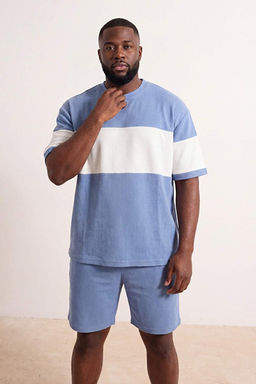 Indigo B_y_k Beden Oversize/Geni_ Kesim Renk Bloklu Dokulu T-Shirt TMNSS25BF00038