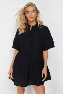 TRENDYOLMILLA Siyah Dokuma Flaml? Pamuk Genis Kal?p Mini Plaj Elbisesi TBESS20EL0873  фото 16