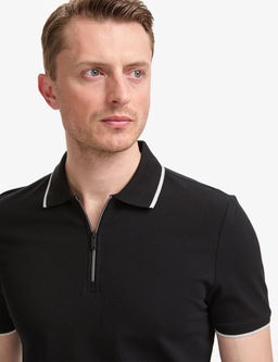 Siyah Slim Fit %100 Pamuk Fermuarl_ Polo Yaka Ti__rt