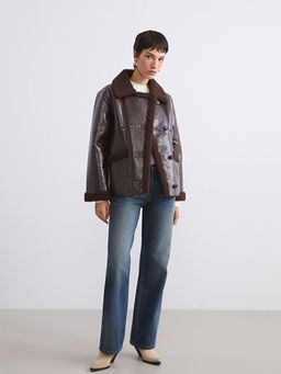 Pel?? G?mlek Yaka Kad?n Deri G?r?n?ml? Mont