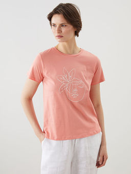 Bisiklet Yaka Bask?l? Penye Kad?n Ti??rt