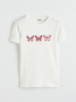 Bisiklet Yaka Bask?l? K?z ?ocuk Ti??rt