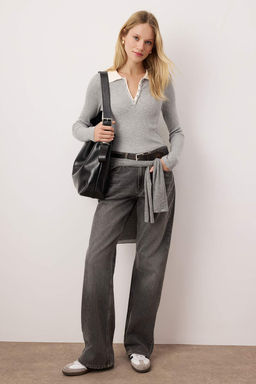 Siyah Premium Iplik/Ozel Iplik Bel Drapeli Ince Triko Kazak TWOAW26KZ00163 - Trendyolmilla фото 6