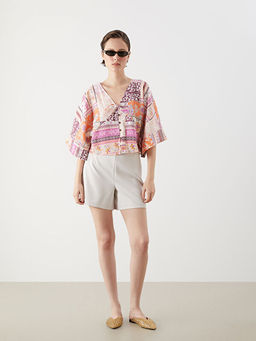 Kruvaze Yaka Desenli Modal Kar???ml? Crop Bluz