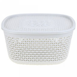 "Домашняя мода" Корзина-ящик пластмассовая "Оренбургская сеточка" 22,5х22,5см h11,5см, крышка с декором, с ручками, светло-серый (Китай)