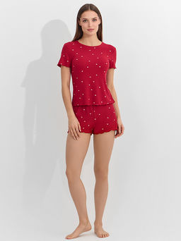 Комплект домашний женский красный с принтом в сердечко