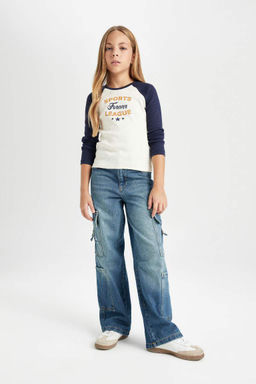 Укороченная футболка с длинными рукавами и круглым вырезом для девочек в рубчик с принтом - Defacto фото 2