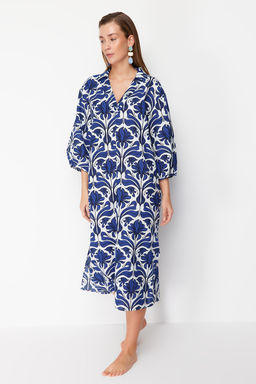 Etnik Desenli Genis Kal?p Dokuma %100 Pamuk Midi Plaj Elbisesi TBESS22EL0009