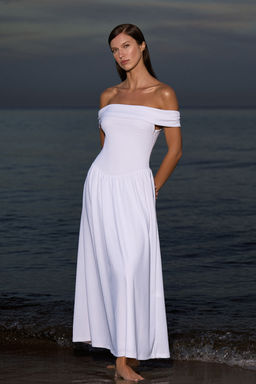 TRENDYOLMILLA Siyah A-Kesim Carmen Yaka Orme Midi S?k Elbise TPRSS25EL00150