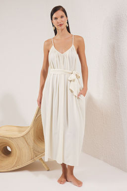 Bej Dokuma Buzgulu Maxi Plaj Elbise TBESS25EL00086