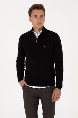 Erkek Slim Fit Yar_m Fermuarl_ Siyah Kazak