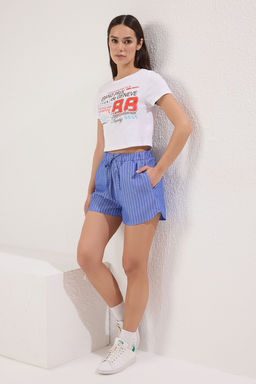 Mavi Y?rtmacl? Beli Lastikli Cizgili Mini Sort & Bermuda TWOSS25SR00033 - Trendyolmilla фото 2
