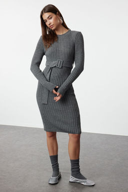 Antrasit Mini Triko Kemerli Elbise TWOAW23EL00444